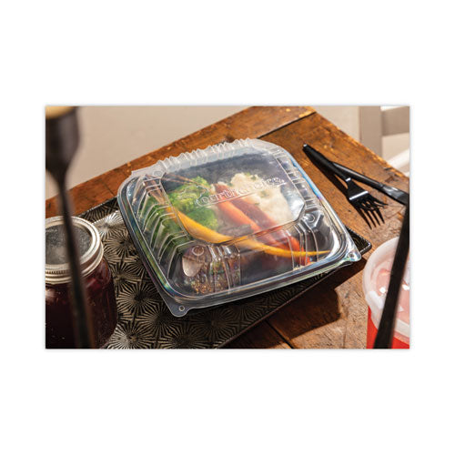 Image of Pactiv Evergreen EarthChoice Vented Dual Color Microwavable Hinged Lid Container, 38 oz, 8.5 x 8.5 x 3, Black/Clear, Plastic, 150/Carton