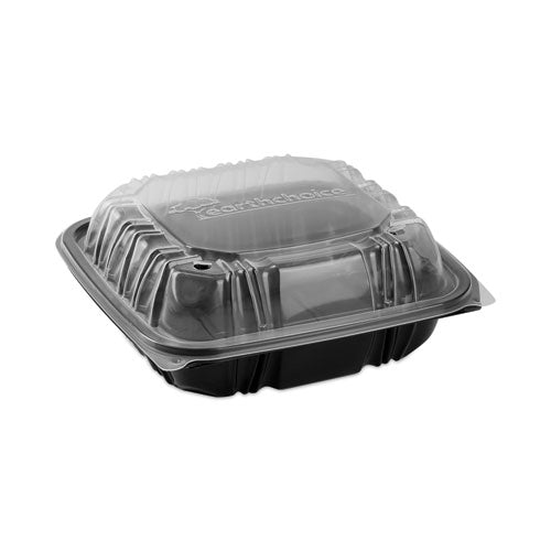 Image of Pactiv Evergreen EarthChoice Vented Dual Color Microwavable Hinged Lid Container, 3 Compartments, 21 oz, Black/Clear, Plastic, 150/Carton