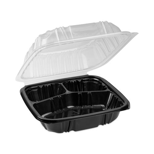 Image of Pactiv Evergreen EarthChoice Vented Dual Color Microwavable Hinged Lid Container, 3 Compartments, 21 oz, Black/Clear, Plastic, 150/Carton