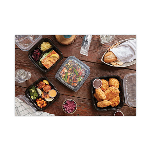 Image of Pactiv Evergreen EarthChoice Vented Dual Color Microwavable Hinged Lid Container, 3 Compartments, 21 oz, Black/Clear, Plastic, 150/Carton