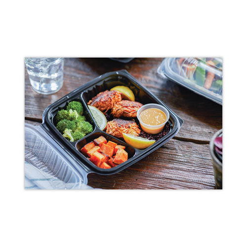 Image of Pactiv Evergreen EarthChoice Vented Dual Color Microwavable Hinged Lid Container, 3 Compartments, 21 oz, Black/Clear, Plastic, 150/Carton