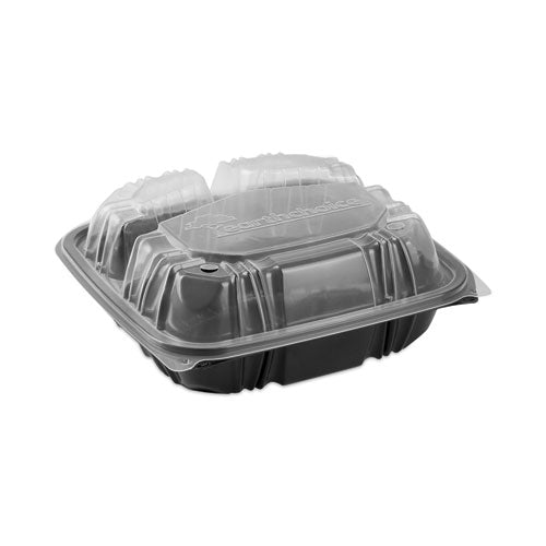 Image of Pactiv Evergreen EarthChoice Vented Dual Color Microwavable Hinged Lid Container, 3 Compartments, 33 oz, Black/Clear, Plastic, 150/Carton