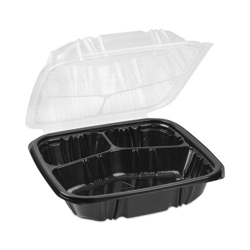 Image of Pactiv Evergreen EarthChoice Vented Dual Color Microwavable Hinged Lid Container, 3 Compartments, 33 oz, Black/Clear, Plastic, 150/Carton