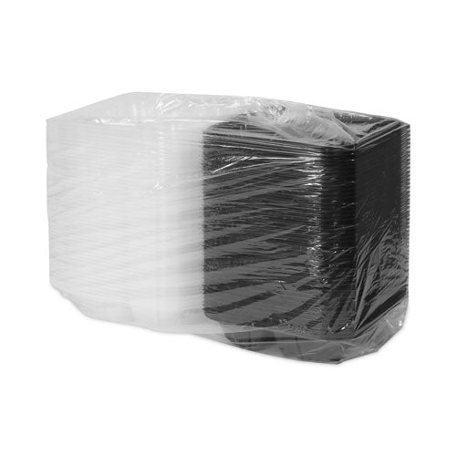 Image of Pactiv Evergreen EarthChoice Vented Dual Color Microwavable Hinged Lid Container, 3 Compartments, 33 oz, Black/Clear, Plastic, 150/Carton