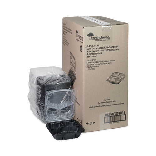 Image of Pactiv Evergreen EarthChoice Vented Dual Color Microwavable Hinged Lid Container, 3 Compartments, 33 oz, Black/Clear, Plastic, 150/Carton