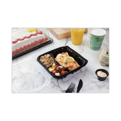Image of Pactiv Evergreen EarthChoice Vented Dual Color Microwavable Hinged Lid Container, 3 Compartments, 33 oz, Black/Clear, Plastic, 150/Carton