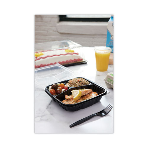 Image of Pactiv Evergreen EarthChoice Vented Dual Color Microwavable Hinged Lid Container, 3 Compartments, 33 oz, Black/Clear, Plastic, 150/Carton