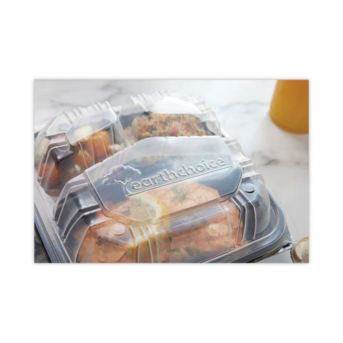 Image of Pactiv Evergreen EarthChoice Vented Dual Color Microwavable Hinged Lid Container, 3 Compartments, 33 oz, Black/Clear, Plastic, 150/Carton
