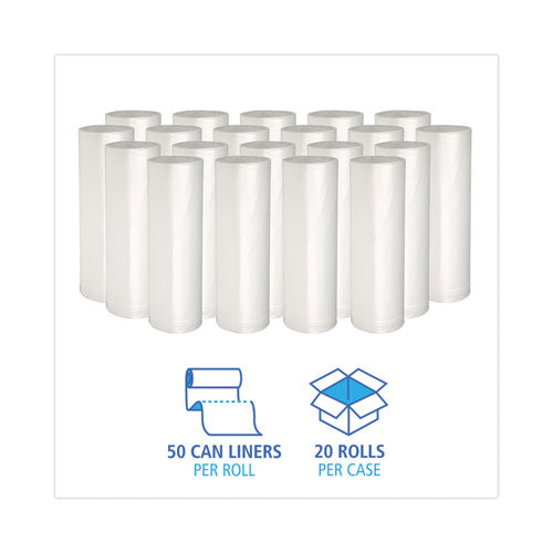 Image of Boardwalk® High-Density Can Liners, 10 gal, 6 mic, 24" x 23", Natural, Perforated Roll, 50 Bags/Roll, 20 Rolls/Carton