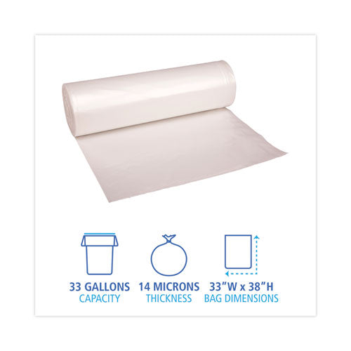 Image of Boardwalk® High-Density Can Liners, 33 gal, 14 mic, 33" x 38", Natural, Perforated Roll, 25 Bags/Roll, 10 Rolls/Carton