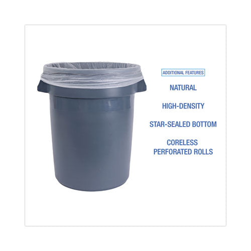 Image of Boardwalk® High-Density Can Liners, 33 gal, 14 mic, 33" x 38", Natural, Perforated Roll, 25 Bags/Roll, 10 Rolls/Carton