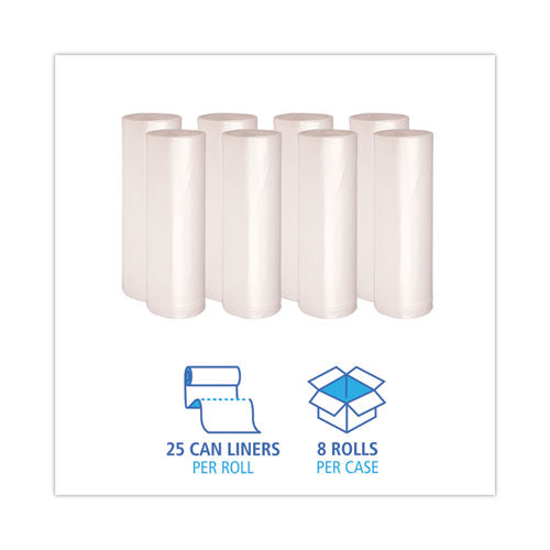 Image of Boardwalk® High-Density Can Liners, 60 gal, 11 mic, 38" x 58", Natural, Perforated Roll, 25 Bags/Roll, 8 Rolls/Carton