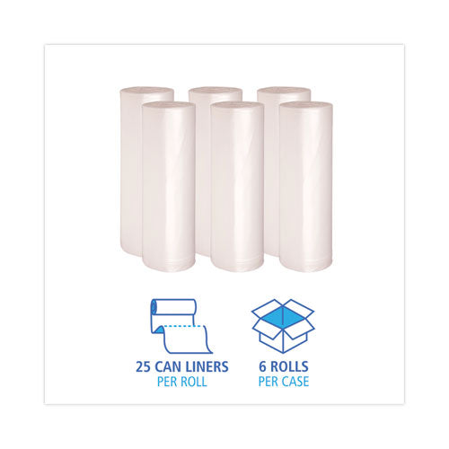 Image of Boardwalk® High-Density Can Liners, 60 gal, 19 mic, 38" x 58", Natural, Perforated Roll, 25 Bags/Roll, 6 Rolls/Carton