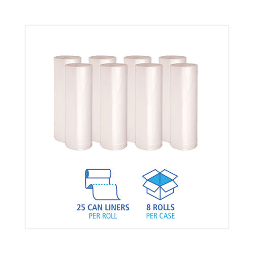 Image of Boardwalk® High-Density Can Liners, 60 gal, 14 mic, 38" x 58", Natural, Perforated Roll, 25 Bags/Roll, 8 Rolls/Carton