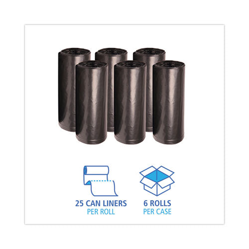 Image of Boardwalk® High-Density Can Liners, 56 gal, 19 mic, 43" x 47", Black, Perforated Roll, 25 Bags/Roll, 6 Rolls/Carton