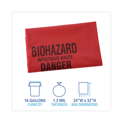 Image of Boardwalk® Linear Low Density Health Care Trash Can Liners, 16 gal, 1.3 mil, 24" x 32", Red, Flat Pack, 250/Carton