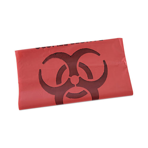 Image of Boardwalk® Linear Low Density Health Care Trash Can Liners, 33 gal, 1.3 mil, 33" x 39", Red, Flat Pack, 150/Carton
