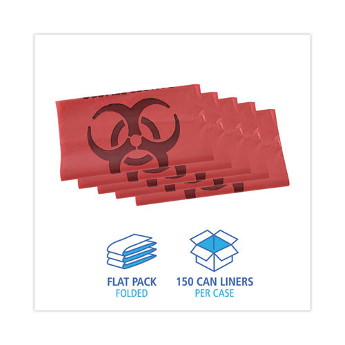 Image of Boardwalk® Linear Low Density Health Care Trash Can Liners, 33 gal, 1.3 mil, 33" x 39", Red, Flat Pack, 150/Carton