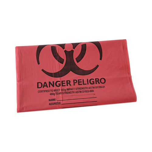Image of Boardwalk® Linear Low Density Health Care Trash Can Liners, 45 gal, 1.3 mil, 40" x 46", Red, Flat Pack, 100/Carton