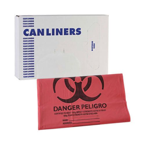 Image of Boardwalk® Linear Low Density Health Care Trash Can Liners, 45 gal, 1.3 mil, 40" x 46", Red, Flat Pack, 100/Carton