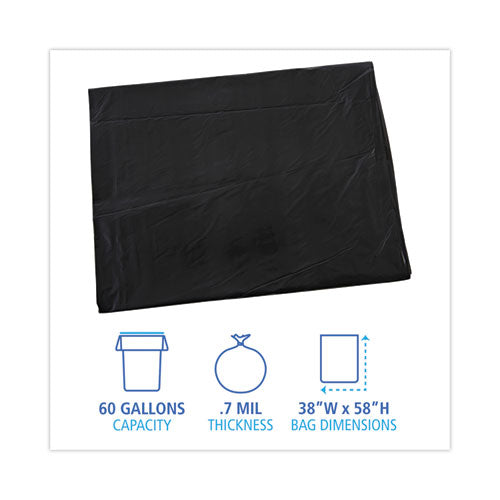 Image of Boardwalk® Linear Low Density Industrial Can Liners, 60 gal, 0.7 mil, 38" x 58", Black, Flat Pack, 100/Carton