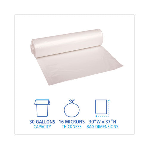 Image of Boardwalk® High Density Industrial Can Liners Coreless Rolls, 30 gal, 16 mic, 30" x 37", Natural, Perforated, 25 Bags/Roll, 20 Rolls/CT