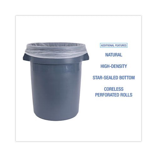 Image of Boardwalk® High Density Industrial Can Liners Coreless Rolls, 30 gal, 16 mic, 30" x 37", Natural, Perforated, 25 Bags/Roll, 20 Rolls/CT
