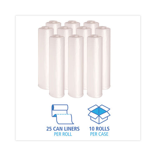 Image of Boardwalk® High Density Industrial Can Liners Coreless Rolls, 33 gal, 16 mic, 33" x 40", Natural, Perforated, 25 Bags/Roll, 10 Rolls/CT