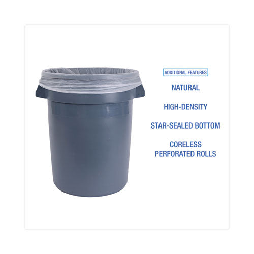 Image of Boardwalk® High Density Industrial Can Liners Coreless Rolls, 33 gal, 16 mic, 33" x 40", Natural, Perforated, 25 Bags/Roll, 10 Rolls/CT