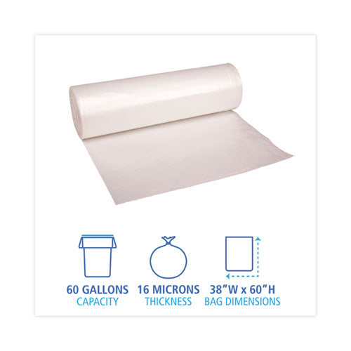 Image of Boardwalk® High Density Industrial Can Liners Coreless Rolls, 60 gal, 16 mic, 38" x 60", Natural, Perforated, 25 Bags/Roll, 8 Rolls/CT