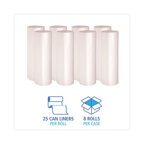 Image of Boardwalk® High Density Industrial Can Liners Coreless Rolls, 60 gal, 16 mic, 38" x 60", Natural, Perforated, 25 Bags/Roll, 8 Rolls/CT