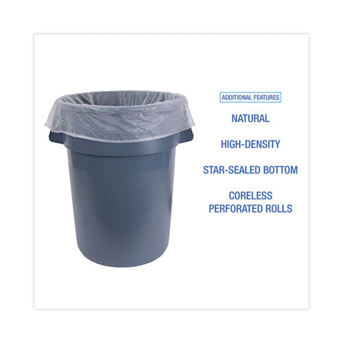 Image of Boardwalk® High Density Industrial Can Liners Coreless Rolls, 60 gal, 16 mic, 38" x 60", Natural, Perforated, 25 Bags/Roll, 8 Rolls/CT