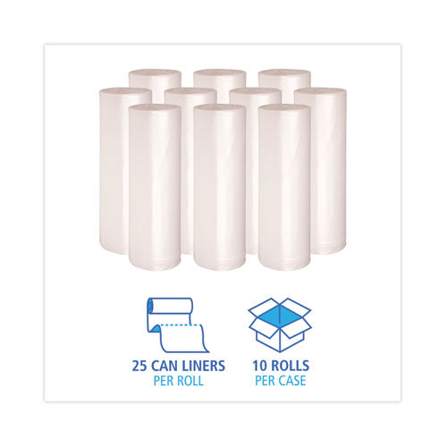 Image of Boardwalk® High Density Industrial Can Liners Coreless Rolls, 45 gal, 13 mic, 40" x 48", Natural, Perforated, 25 Bags/Roll, 10 Rolls/CT