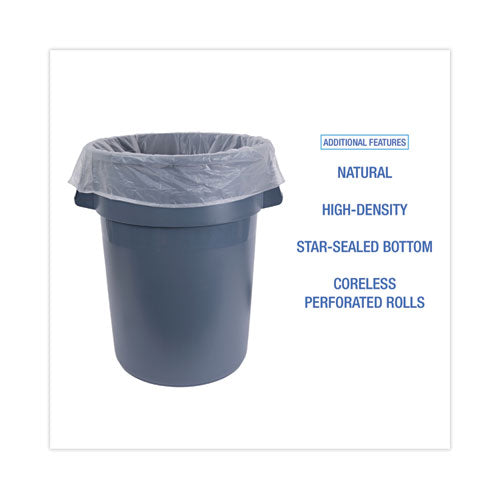 Image of Boardwalk® High Density Industrial Can Liners Coreless Rolls, 45 gal, 13 mic, 40" x 48", Natural, Perforated, 25 Bags/Roll, 10 Rolls/CT