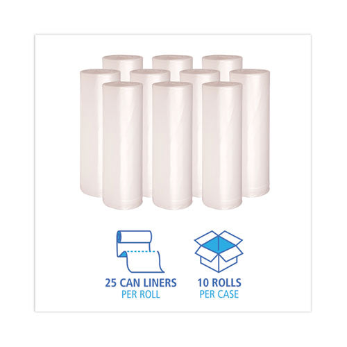 Image of Boardwalk® High Density Industrial Can Liners Coreless Rolls, 45 gal, 16 mic, 40" x 48", Natural, Perforated, 25 Bags/Roll, 10 Rolls/CT