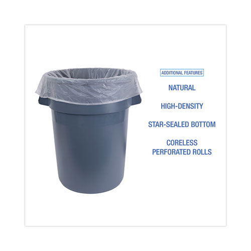 Image of Boardwalk® High Density Industrial Can Liners Coreless Rolls, 45 gal, 16 mic, 40" x 48", Natural, Perforated, 25 Bags/Roll, 10 Rolls/CT