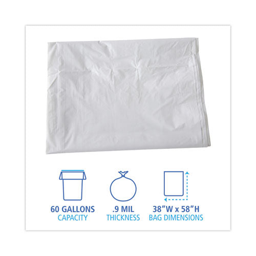 Image of Boardwalk® Linear Low Density Industrial Can Liners, 60 gal, 0.9 mil, 38" x 58", White, Flat Pack, 100/Carton
