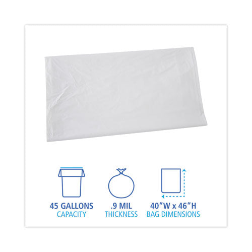 Image of Boardwalk® Linear Low Density Industrial Can Liners, 45 gal, 0.9 mil, 40" x 46", White, Flat Pack, 100/Carton