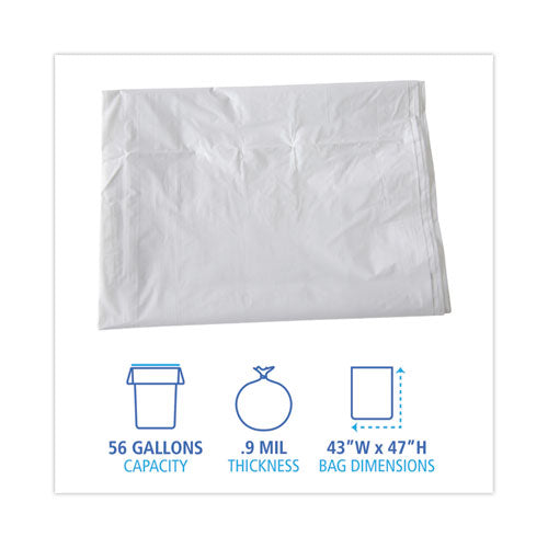 Image of Boardwalk® Linear Low Density Industrial Can Liners, 56 gal, 0.9 mil, 43" x 47", White, Flat Pack, 100/Carton