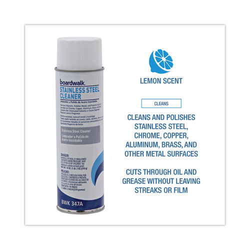 Image of Boardwalk® Stainless Steel Cleaner and Polish, Water-in-Oil Based, Lemon Scent, 16 oz Aerosol Spray