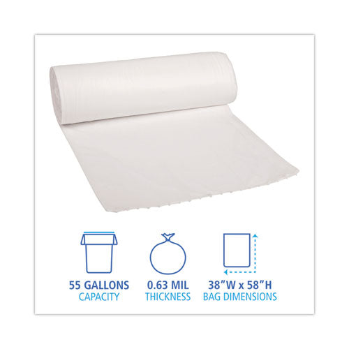 Image of Boardwalk® Low-Density Waste Can Liners, 60 gal, 0.5 mil, 38" x 58", White, Perforated Roll, 10 Bags/Roll, 10 Rolls/Carton