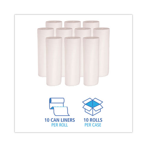Image of Boardwalk® Low-Density Waste Can Liners, 60 gal, 0.5 mil, 38" x 58", White, Perforated Roll, 10 Bags/Roll, 10 Rolls/Carton