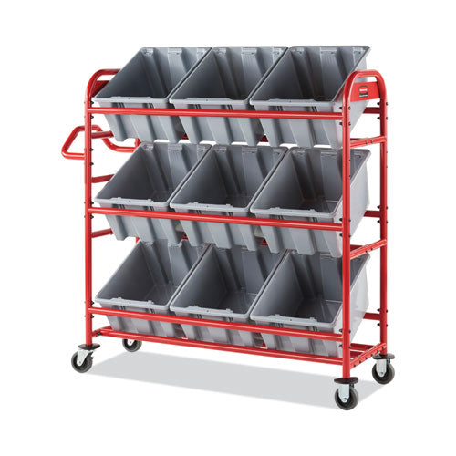 Image of Rubbermaid® Commercial Tote Picking Cart, Metal, 3 Shelves, 450 lb Capacity, 57" x 18.5" x 55", Red