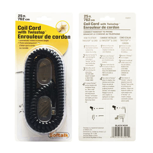 Image of Softalk® Twisstop Detangler With Coiled, 25-Foot Phone Cord, Black