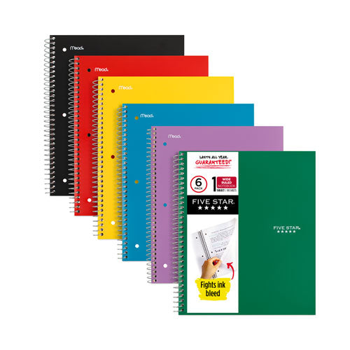 Image of Five Star® Wirebound Notebook, 1-Subject, Wide/Legal Rule, Assorted Cover Colors, (100) 10.5 x 8 Sheets, 6/Pack