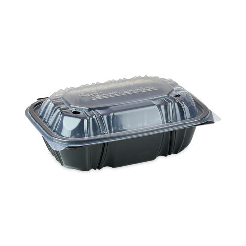 Image of Pactiv Evergreen EarthChoice Vented Dual Color Microwavable Hinged Lid Container, 34 oz, 9 x 6 x 3, Black/Clear, Plastic, 140/Carton