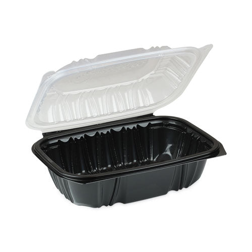 Image of Pactiv Evergreen EarthChoice Vented Dual Color Microwavable Hinged Lid Container, 34 oz, 9 x 6 x 3, Black/Clear, Plastic, 140/Carton