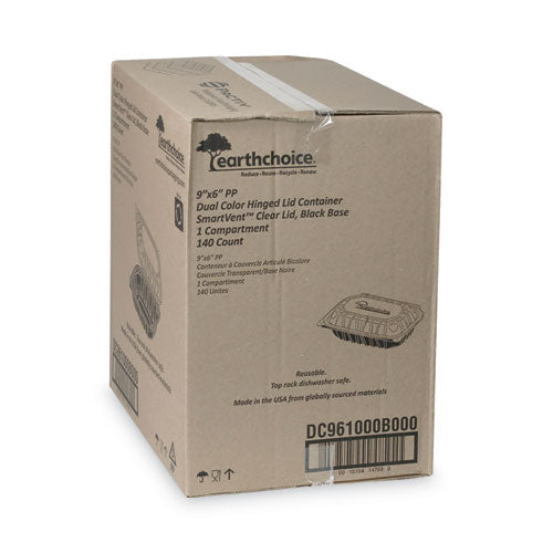 Image of Pactiv Evergreen EarthChoice Vented Dual Color Microwavable Hinged Lid Container, 34 oz, 9 x 6 x 3, Black/Clear, Plastic, 140/Carton