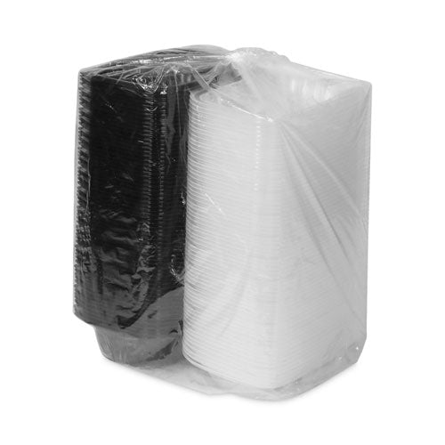 Image of Pactiv Evergreen EarthChoice Vented Dual Color Microwavable Hinged Lid Container, 34 oz, 9 x 6 x 3, Black/Clear, Plastic, 140/Carton