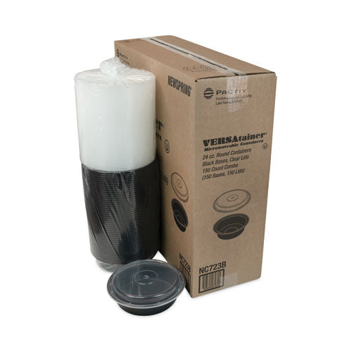 Image of Pactiv Evergreen Newspring VERSAtainer Microwavable Containers, 24 oz, 7" Diameter, Black/Clear, Plastic, 150/Carton